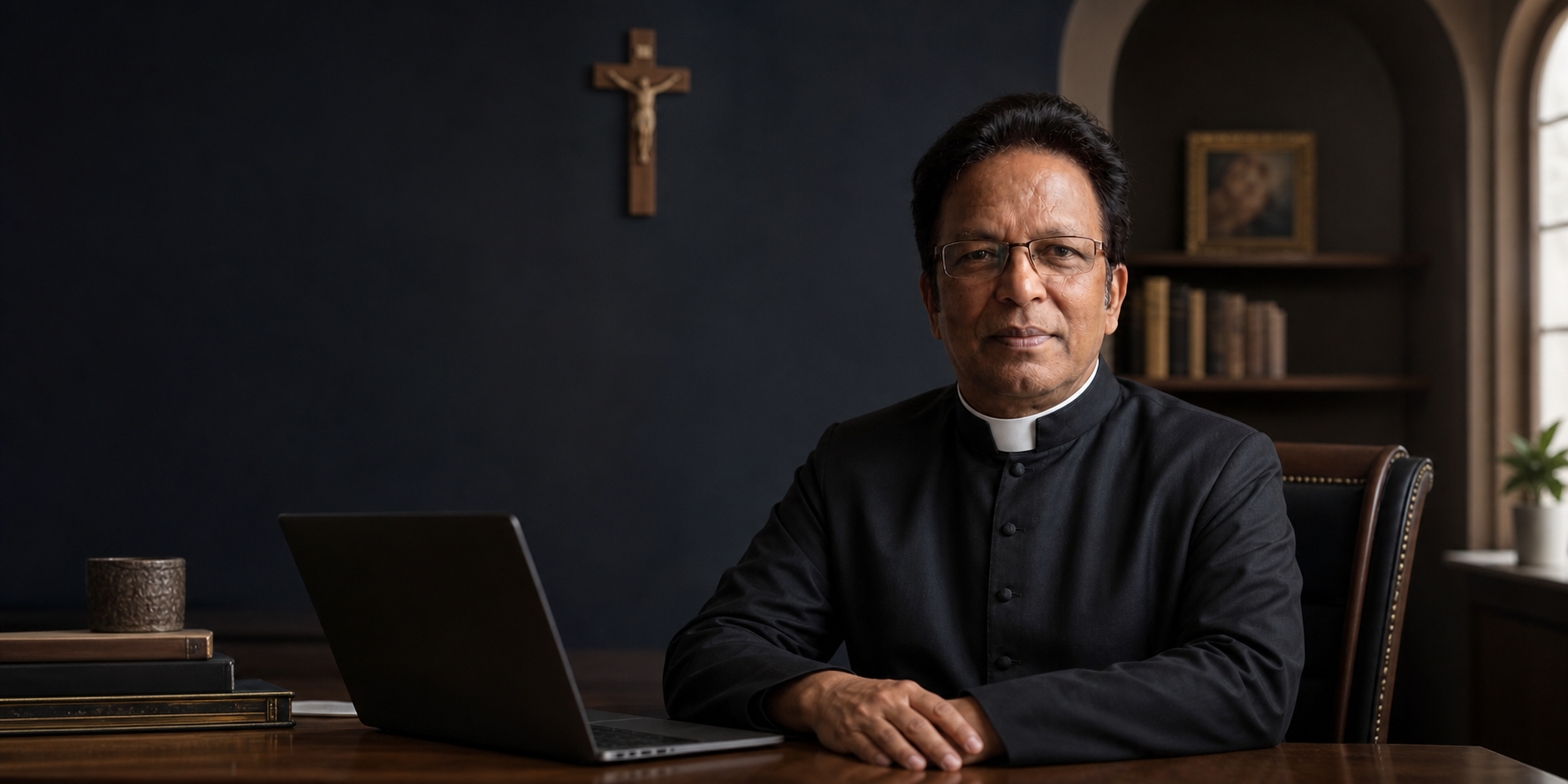 Fr. Morson Livingstone at a desk in a parish office
